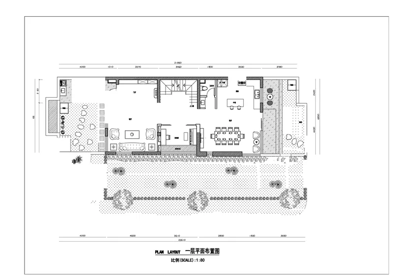 AutoCAD furnished floor plan of a townhouse with a garden.