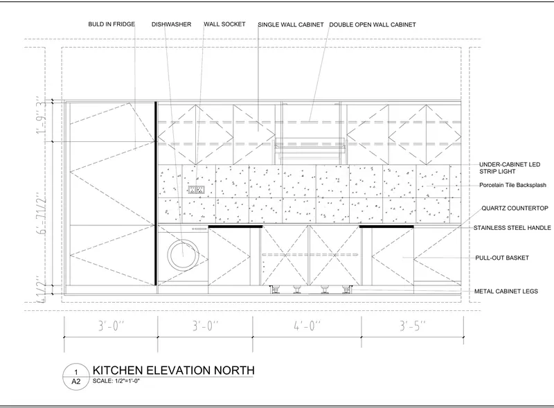 CAD kitchen elevation north with labelled cabinets and appliances.