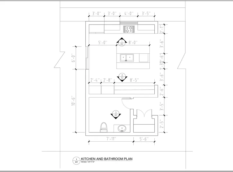 CAD plan of the kitchen and bathroom with dimensions.