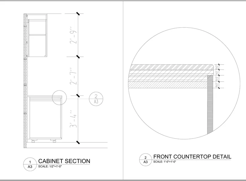 CAD cabinet section and countertop detail.