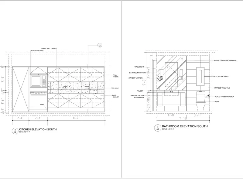CAD kitchen and bathroom elevations, south.