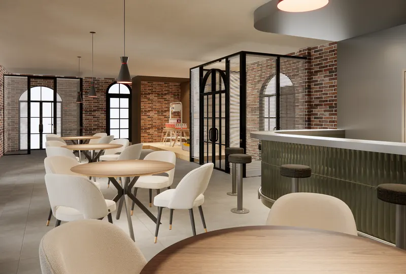 Café looking northwest, with beige chairs, round tables and the bar.