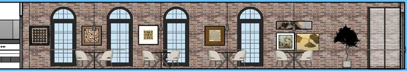 Café elevation 2: arched windows with framed art between them.