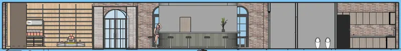 Café elevation 3: retail shelving, entrance doors, bar and kitchen.