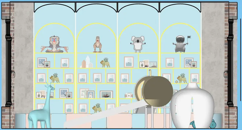 Kids' room elevation 1: arched pastel shelving, a slide and a giraffe.