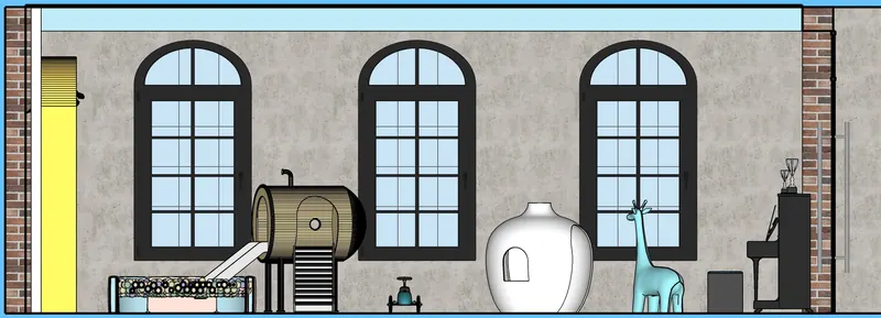 Kids' room elevation 2: arched windows, a play tunnel and a piano.