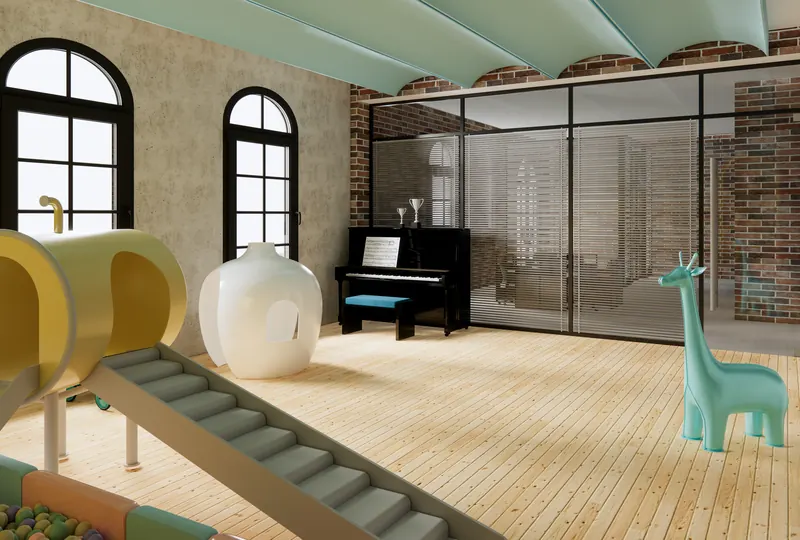 Kids' room looking north, with a slide, a giraffe sculpture, a reading pod and a piano.