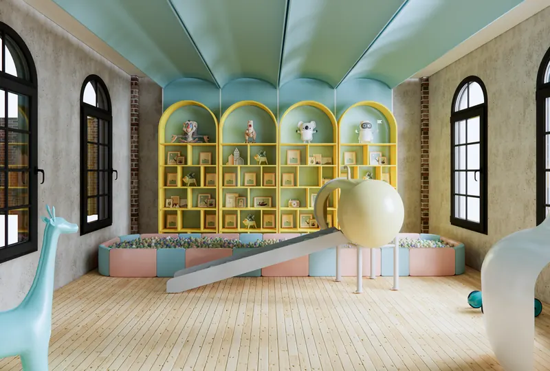 Kids' room looking south, with pastel shelves, a slide and a ball pit.