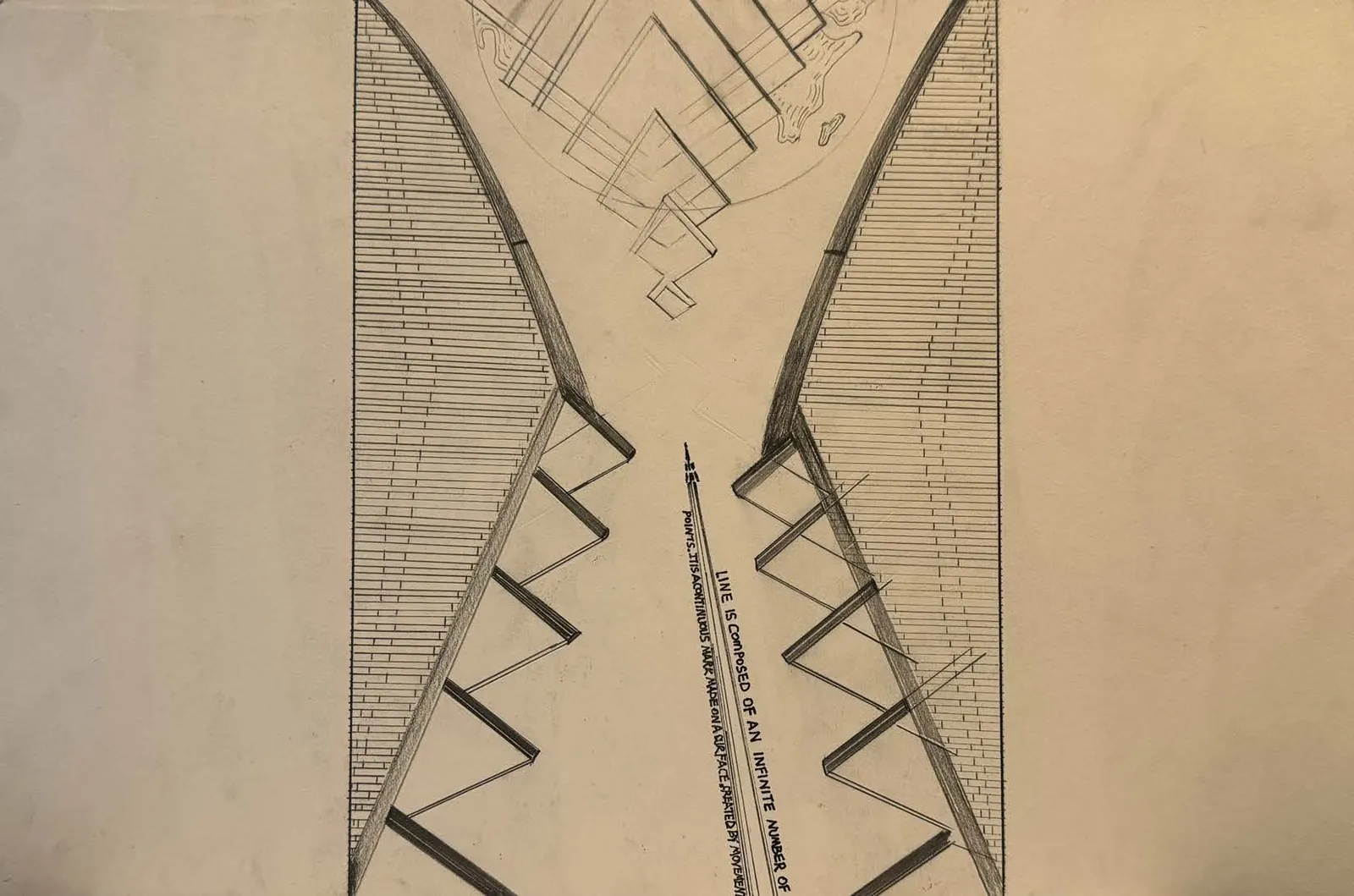Pencil drawing: two hatched walls narrow toward a rocket-like line rising to a globe of stacked blocks, with hand lettering about lines and points.