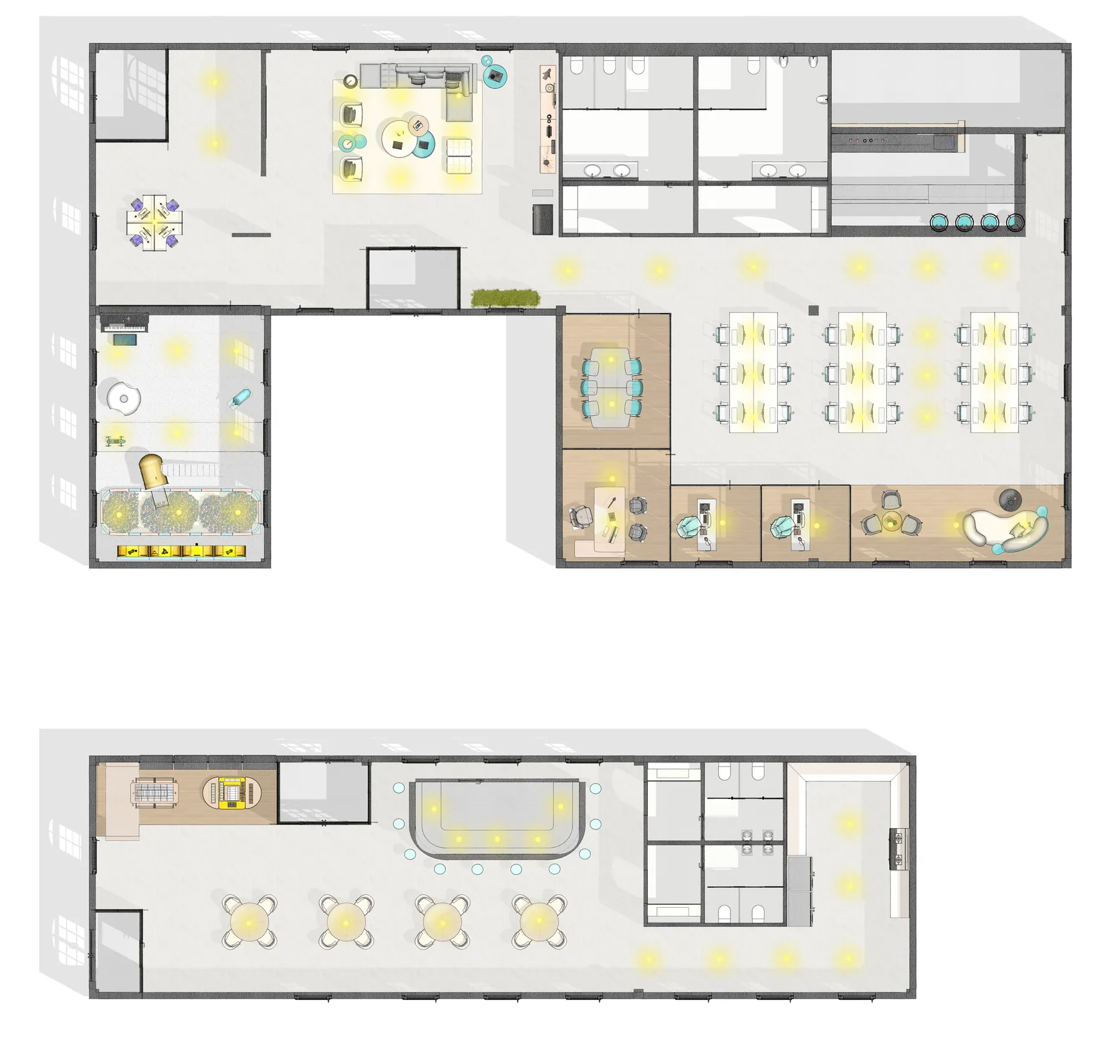 Rendered floor plan of both wings with furniture, finishes and lighting.