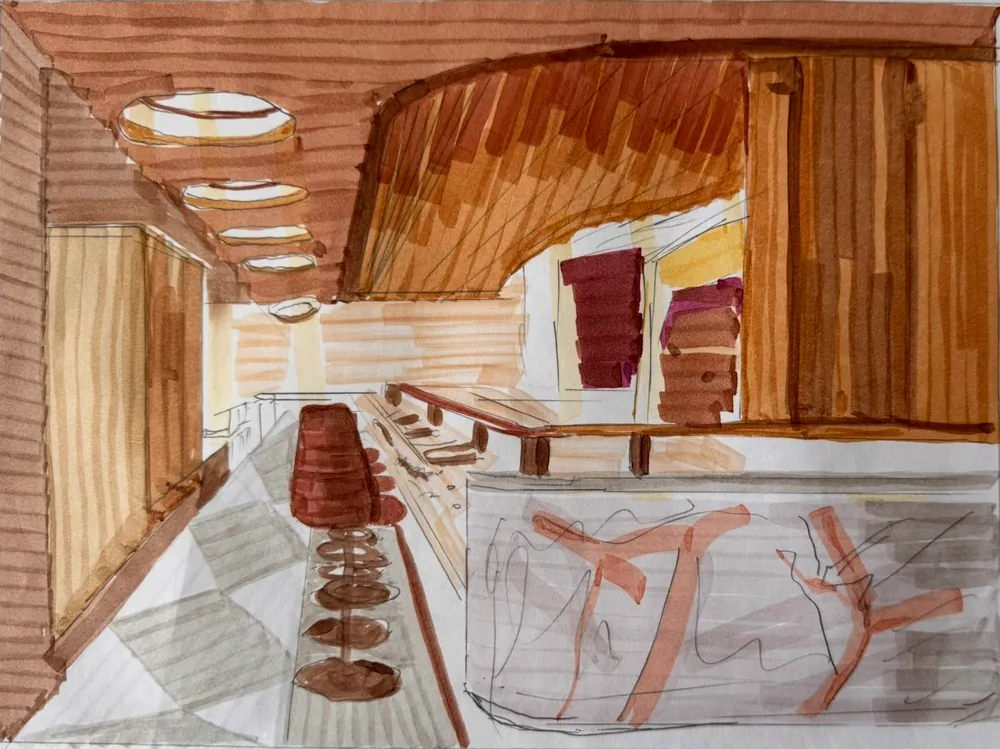 Marker sketch of the café: curved wooden ceiling, round skylights and a long counter with stools.