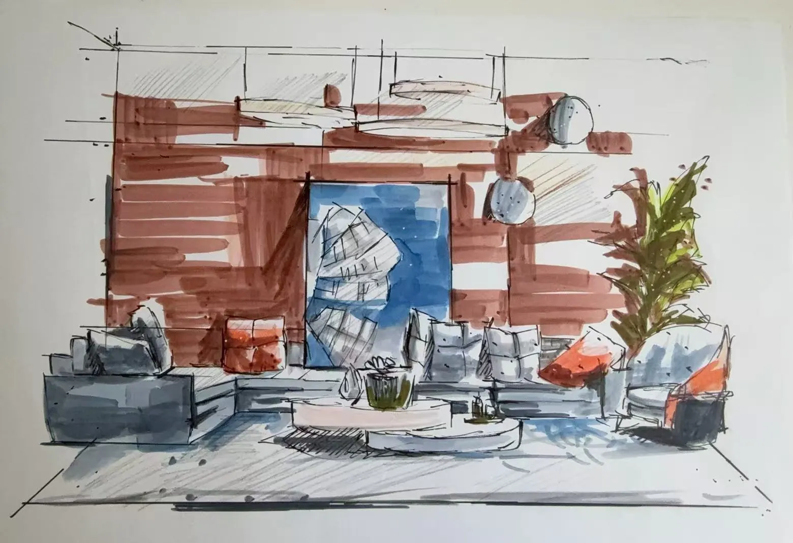 Marker sketch of the reception and main hallway: wood panelling, a blue artwork, grey sofas and a plant.