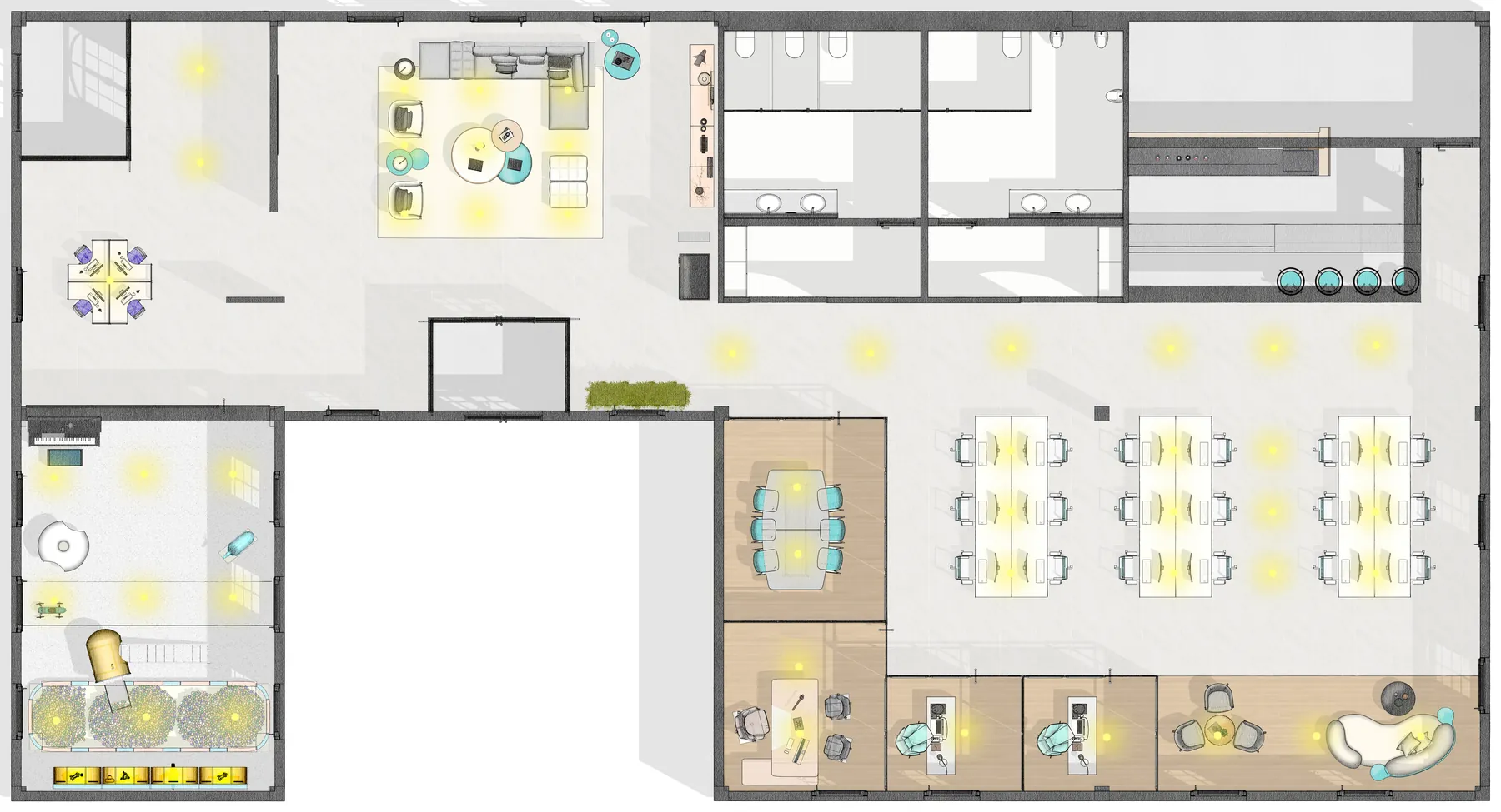 Finished floor plan of the co-working wing: workstations, meeting rooms, lounge, kids' room and kitchen.