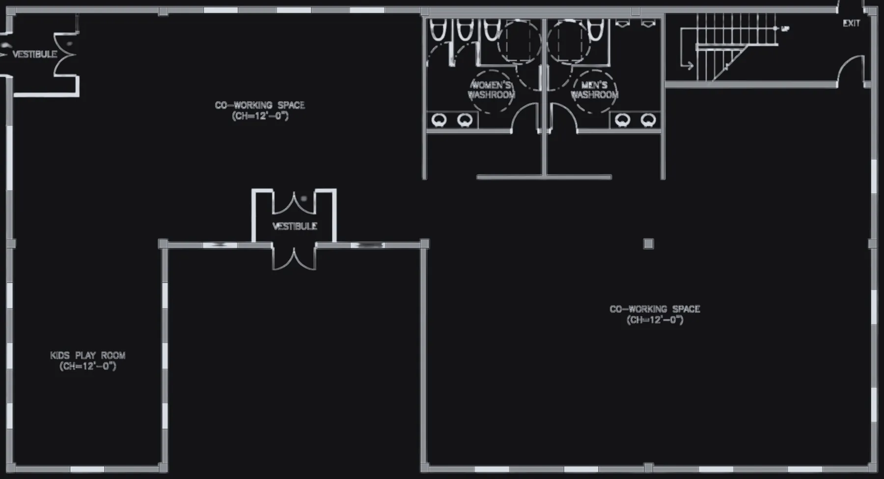 The existing co-working wing as an empty CAD shell: outer walls, washrooms, stairs and two vestibules.